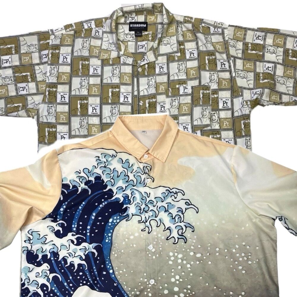 Men’s Shirt Hawaiian 2XL Lot All Over Button Up Yellow Periodic Table Wave
